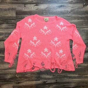 Wildfox Pink Distressed Star Sweater Large Oversized Grunge Boho Festival Knit